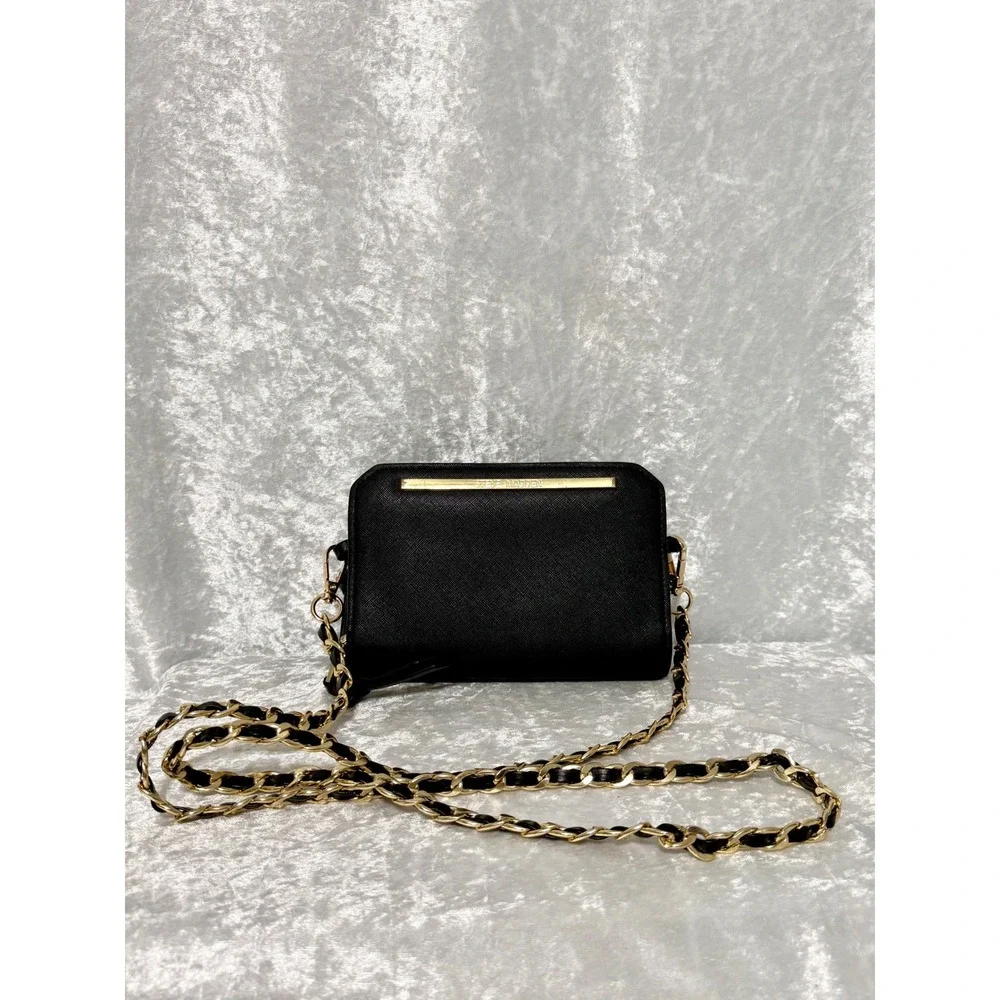 Steve Madden Black Saffiano Faux Leather Crossbody Wallet Bag Gold Chain Strap
